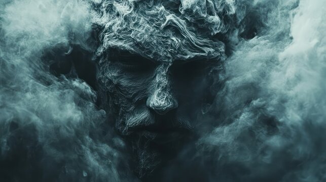 Ancient, weathered face shrouded in mist