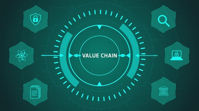 Value Chain Business Process Interface with Circular Digital System and Workflow Icons on Dark Technology Background Representing Production and Distribution Flow