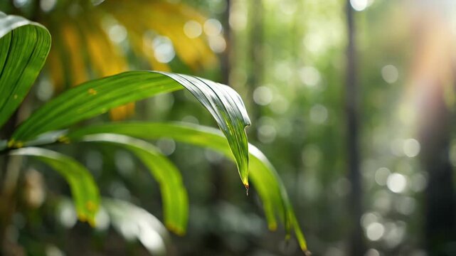 A close-up shot of a palm tree branch bundle with tropical foliage swaying gently in the wind within a lush green forest.