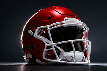 Fototapeta premium Red metallic football helmet on dark studio background