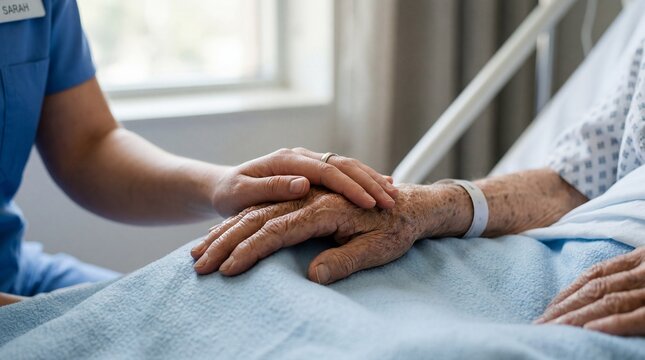 Nurse holding hand of elderly patient for emotional support
