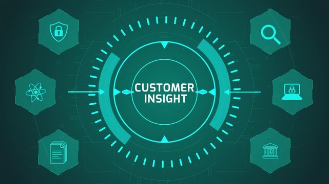 Customer Insight Analytics Interface with Circular Digital System and Data Icons on Dark Technology Background Representing Behavior Analysis and Intelligence