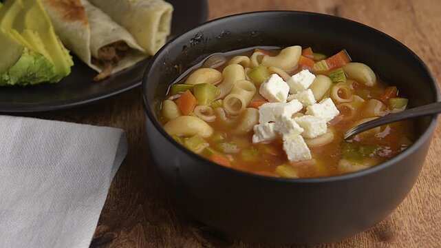 Elbow or macaroni pasta soup with tomato and chopped vegetables seasoned with chicken broth and spices, topped with goat cheese and chipotle chili, in a black bowl, with a plate of machaca burritos 