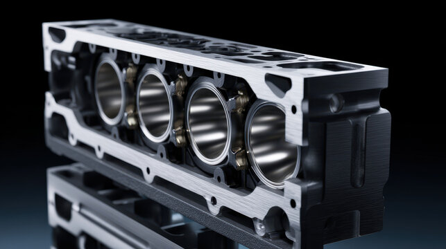 Engine cylinder block close up showing sleek metallic surface and circular chambers with bolts, reflecting industrial precision and engineering