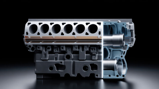 Engine block cross section showing internal cylinder design and metal structure with sleek industrial finish