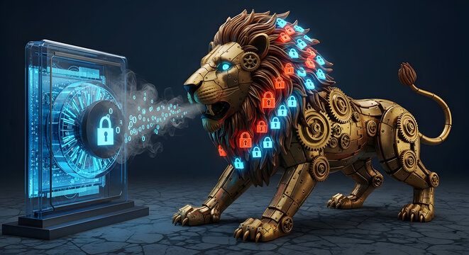 Cybersecurity lion with digital lock hologram futuristic tech AI protection data encryption cyber attack defense 3d render