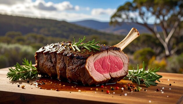 A succulent tomahawk steak rests on a wood board, garnished with rosemary, against a scenic mountainous backdrop
