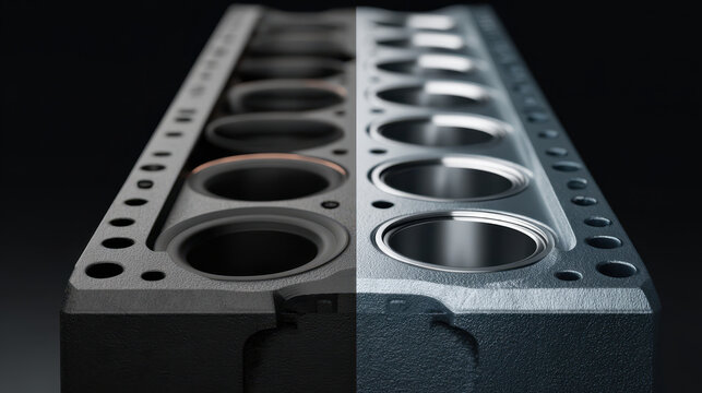 Cross section transition left side shows tightly cropped engine cylinder block with metal texture and holes for pistons and bolts