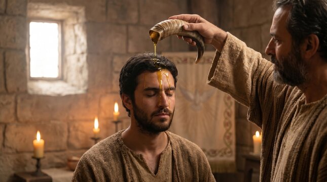 Priest pouring olive oil from horn onto head of man for anointing. Biblical scene of consecration and blessing. Ritual religious practice in stone chamber with candle light setting.