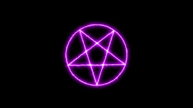 Mystical bright neon fire effect pentacle or inverted pentagram in circle on black background. Five pointed star. animation