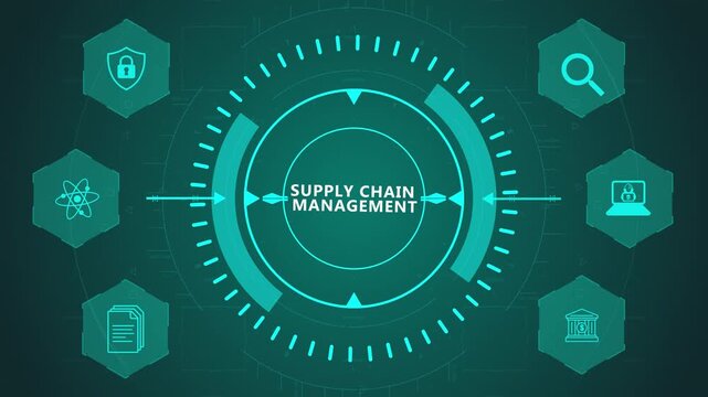 Supply Chain Management Interface with Circular Digital System and Logistics Icons on Dark Technology Background Representing Distribution and Inventory Flow