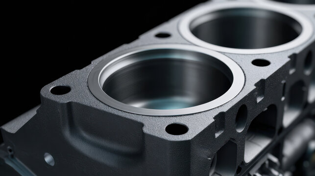 Engine cylinder block close up with smooth metal surface and round cylinder holes, showing mechanical precision and industrial design