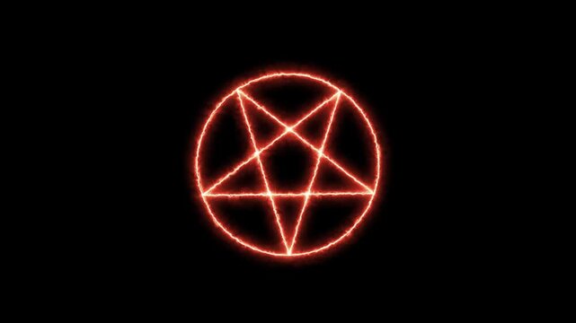 Mystical bright neon fire effect pentacle or inverted pentagram in circle on black background. Five pointed star. animation
