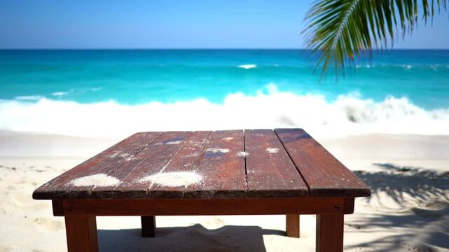 Wooden table on a sunny beach with turquoise ocean waves and palm tree leaves in the background