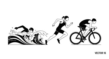 Obraz premium Triathlon Athlete Stages in Graphic Monochrome Outline Format for Sports Design Usage
