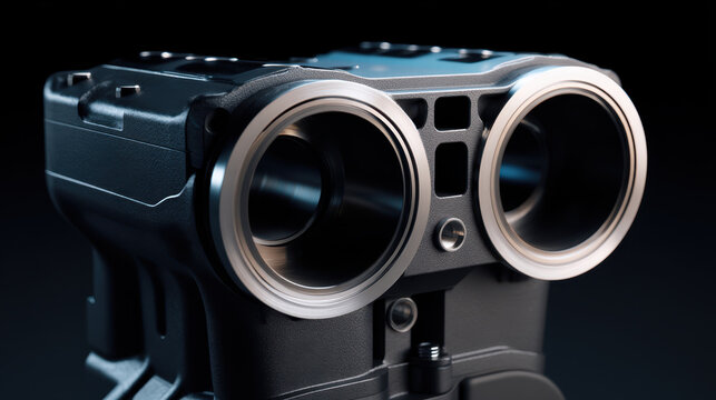 Close up of black metal mechanical device with two large circular openings, showing detailed texture and industrial design in soft lighting