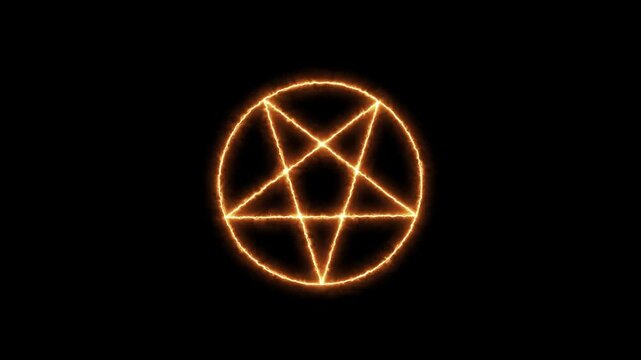 Mystical bright neon fire effect pentacle or inverted pentagram in circle on black background. Five pointed star. animation