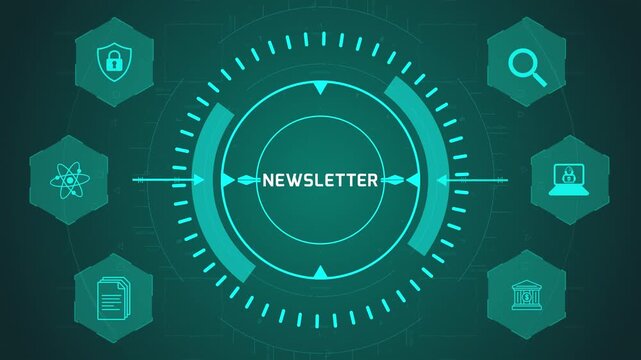 Newsletter Email Marketing Interface with Circular Digital System and Communication Icons on Dark Technology Background Representing Subscriber Engagement Flow