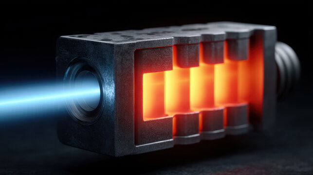 Dynamic close up twin turbo engine glowing blue laser mechanical technology heat power metal combustion energy industrial machinery automotive