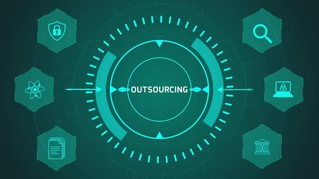 Outsourcing Business Process Interface with Circular Digital System and Service Icons on Dark Technology Background Representing External Resource Management