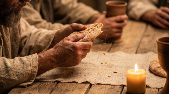 Jesus breaking bread at the table. Biblical scene of the Last Supper. Religious reenactment of community meal with disciples. Spiritual christian concept for holy feast and communion.