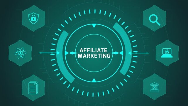 Affiliate Marketing Strategy Interface with Circular Digital System and Revenue Icons on Dark Technology Background Representing Partnership and Commission Flow