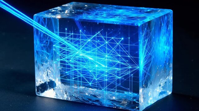 Blue light in transparent cube symbolizing luxury, elegance, and premium quality