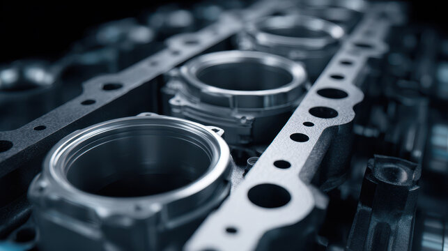 Engine cylinder block close up with metal piston chambers and gasket, detailed mechanical parts in cool blue lighting, industrial machinery