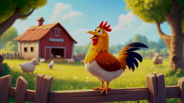 The image of a proud rooster sitting on a cartoon-style fence heralds the arrival of dawn, followed by a bright sunrise and a village life.