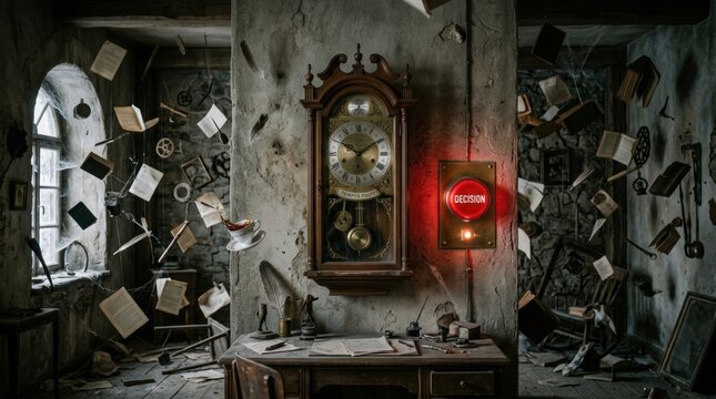 Surreal room where everything is frozen except for a ticking clock