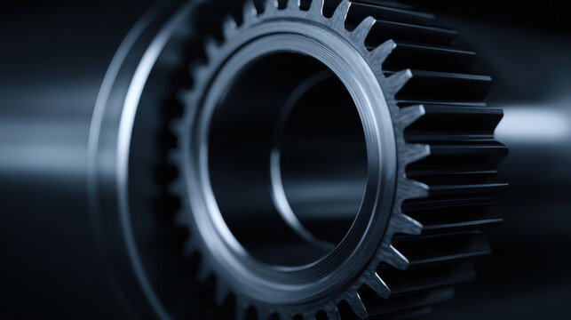 Close up macro shot of metallic gear with sharp teeth in dark industrial setting, highlighting mechanical precision and engineering beauty
