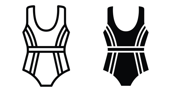 One piece swimsuit icon set featuring outline and solid black silhouette styles for summer beach fashion and competitive swimming apparel