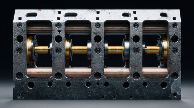 Heavy duty engine block with visible crankshaft and bearing components in clean industrial setting, showing mechanical precision and strength