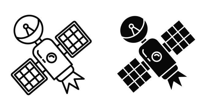 Satellite icon set featuring outline and solid black versions with solar panels dish antenna and thruster for space communication technology