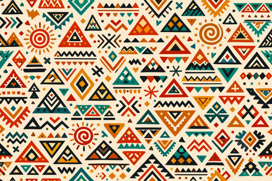 Hand Drawn Abstract Seamless Pattern with Ethnic Tribal Motifs, Aztec Style Geometric Background Featuring Triangles, Suns, and Spirals in Earthy Tones for Textiles, Banners, and Interior Decor.