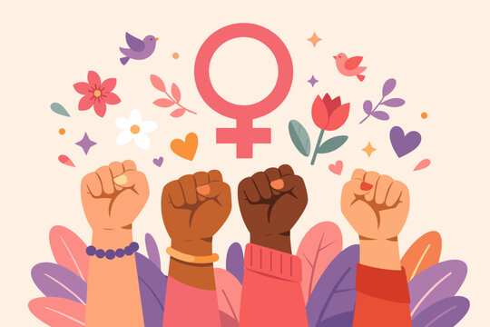 International Women's Day Celebration with Diverse Raised Fists, Female Symbol, and Floral Elements. Flat Vector Illustration for Women's Empowerment, Feminism, Unity, and Gender Equality Concept.