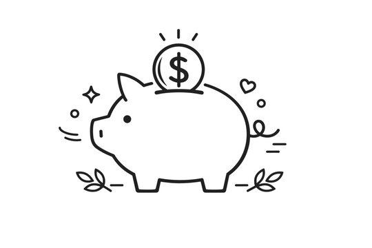 Minimalist line art illustration of a piggy bank with a dollar coin, featuring decorative heart, star, and leaf elements. Perfect for finance, savings, investment, banking, and budget concepts.
