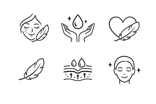 Sensitive Skin Icon Set for Organic Cosmetic and Skin Care Products, Featuring Feather, Hydrated Skin Layers, Gentle Facial Care, and Hypoallergenic Symbols for Healthy and Glowing Skin