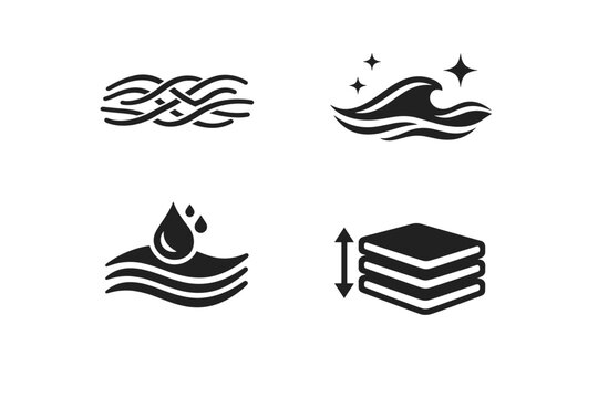 Set of Textile and Towel Texture Icons Featuring Fiber Weave Patterns, Soft Wave Symbols with Stars, Water Absorption Drops, and Stacked Layers Indicating Thickness, Fluffiness, and Fabric Quality.