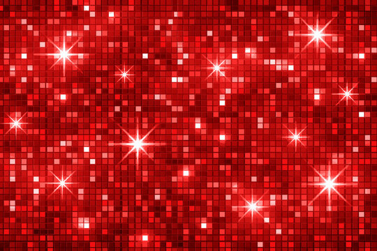 Red Disco Ball Mosaic Pattern with Shimmering Sequin Tiles and White Star Flares; Vibrant Scarlet Glitter Grid Texture for Festive Party Backgrounds, Luxury Celebrations, and Glamorous Vector Art