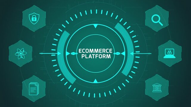 Ecommerce Platform Interface with Circular Digital System and Online Store Icons on Dark Technology Background Representing Retail Management and Sales Flow