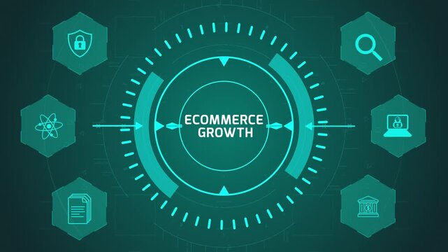 Ecommerce Growth Strategy Interface with Circular Digital System and Performance Icons on Dark Technology Background Representing Sales Expansion and Revenue