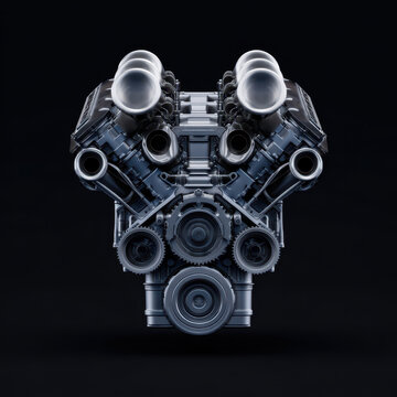 V shaped engine with visible intake manifolds and pulleys, detailed mechanical parts in metallic finish on black background