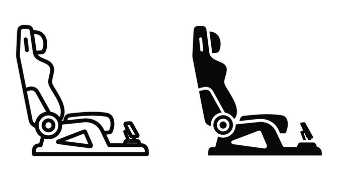 Racing simulator seat icon set featuring gaming cockpit chair with pedals for sim racing esports and virtual driving experience