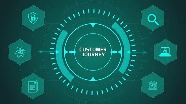 Customer Journey Mapping Interface with Circular Digital System and Pathway Icons on Dark Technology Background Representing User Experience Flow Analysis