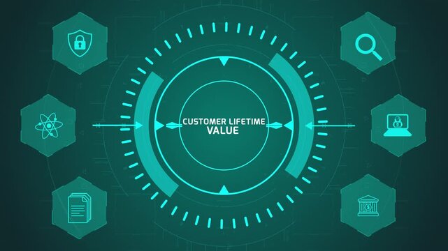 Customer Lifetime Value Analysis Interface with Circular Digital System and Financial Icons on Dark Technology Background Representing Revenue and Retention Metrics