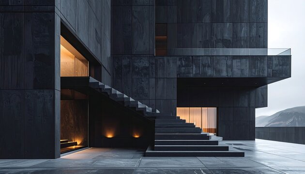Architectural photograph features a modern structure with dark facade, geometric design, staircases, and warm interior lighting