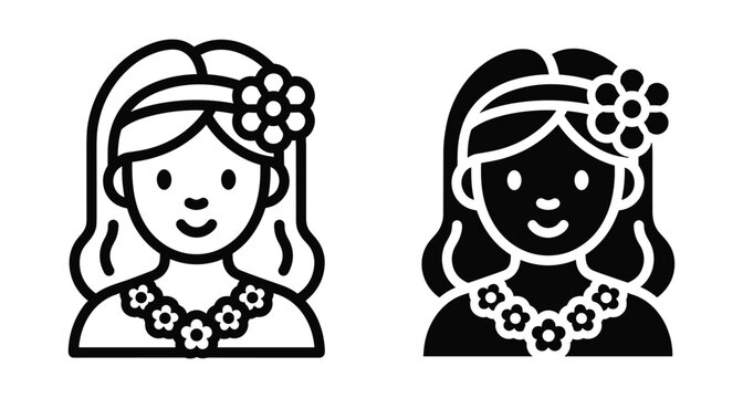 Hawaiian girl icon set featuring woman with tropical flower in hair and floral lei necklace in outline and solid styles