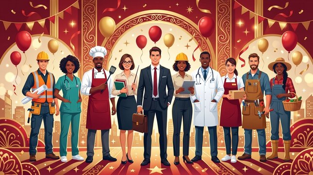 International Workers Day Celebration with Diverse Professions 