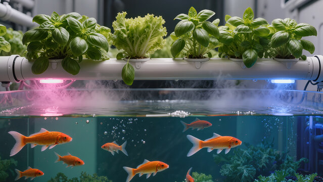 Modern aquaponics system indoor farm with green plants and fish tank.